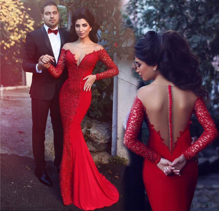 Red Mermaid Prom Dresses Long Sleeves Lace Formal Evening Gowns-newarrivaldress
