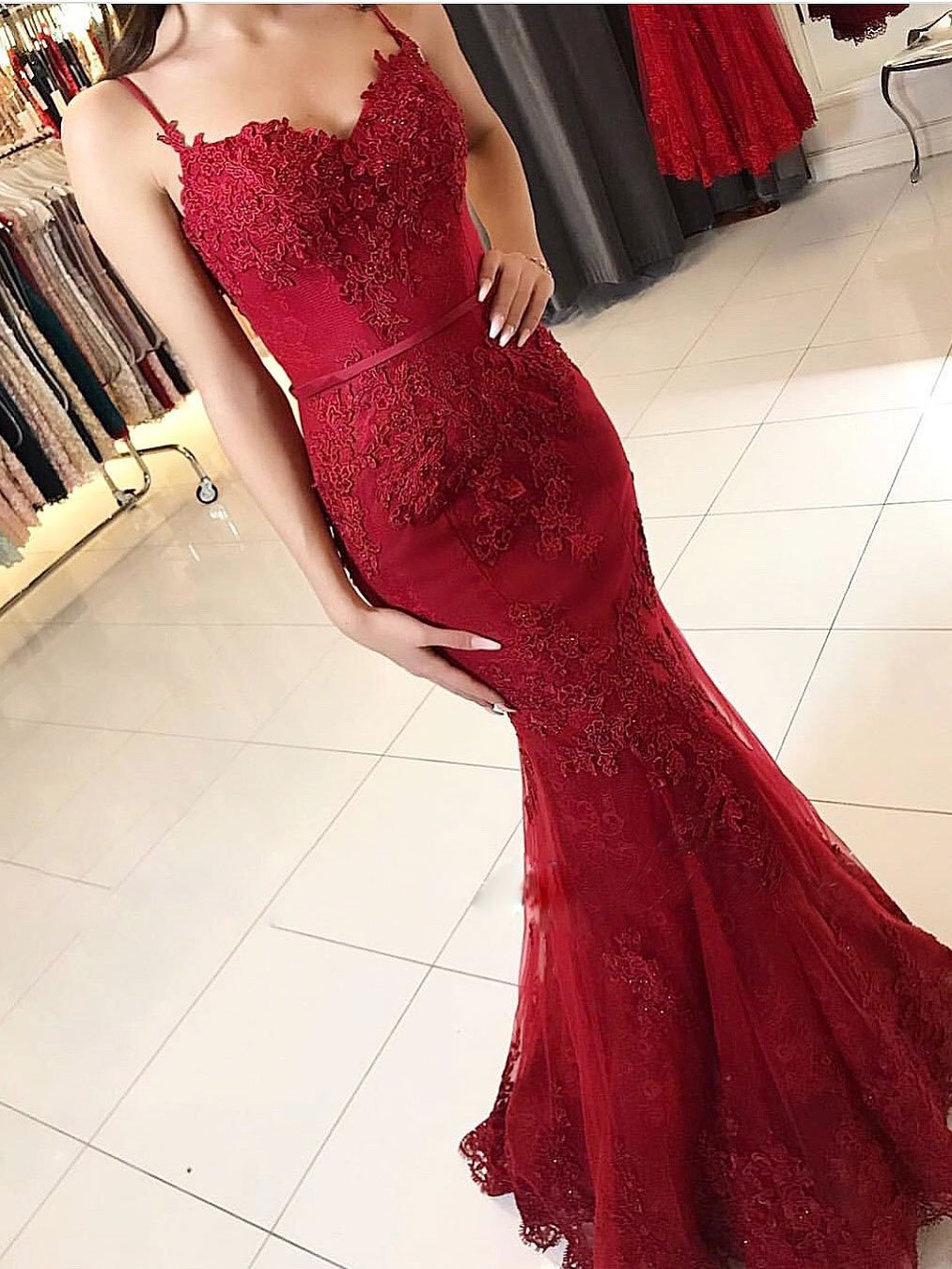 Delicate Red Spaghetti Strap Prom Dress | Mermaid Prom Dress-newarrivaldress