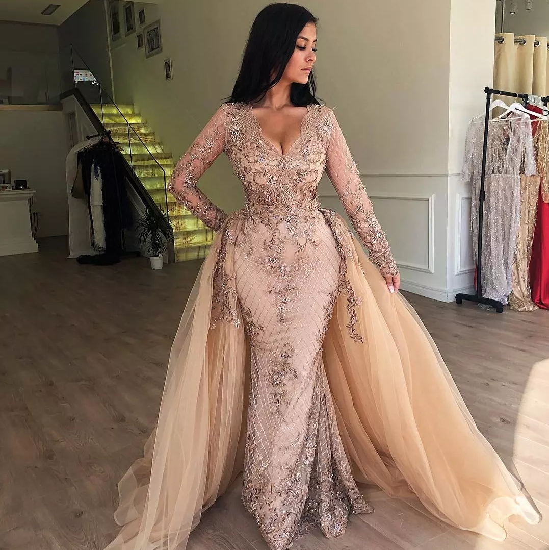 Sexy Mermaid V-neck Long Sleeves Appliqued Prom Dresses with Detachable Skirt-newarrivaldress