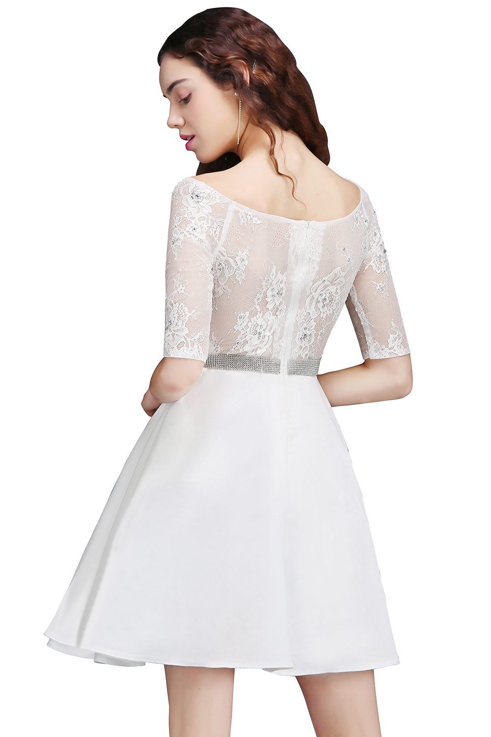 ALICIA | A Line Jewel White Short Sleeve Satin Homecoming Dresses With Lace-newarrivaldress