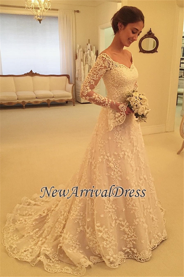 Sexy Off The Shoulder Lace Bridal Gowns | Long Sleeve Wedding Dresses with Buttons-newarrivaldress