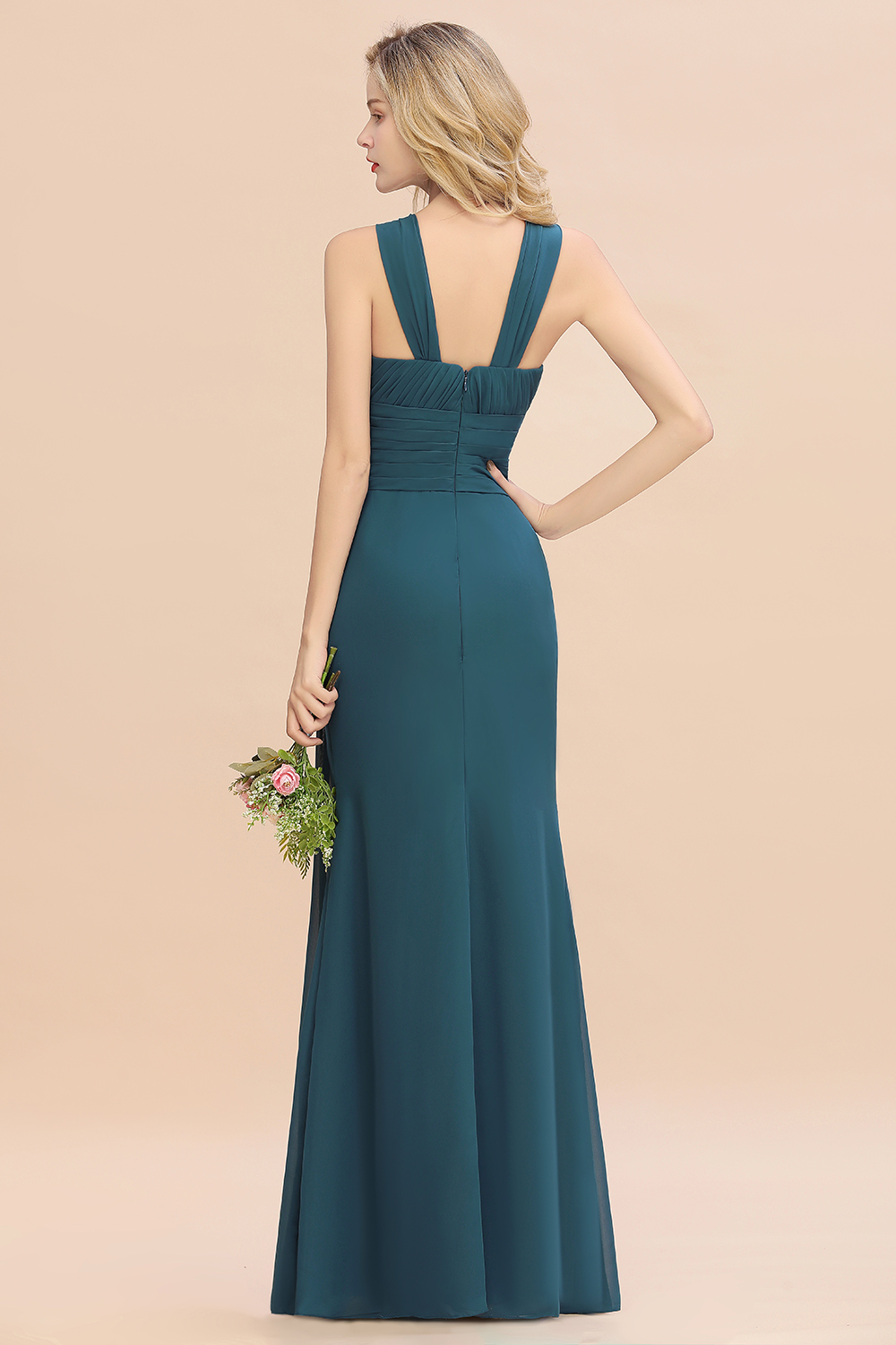 Halter Ruched Chiffon Mermaid Bridesmaid Dress Long Wedding Guest Dress-newarrivaldress