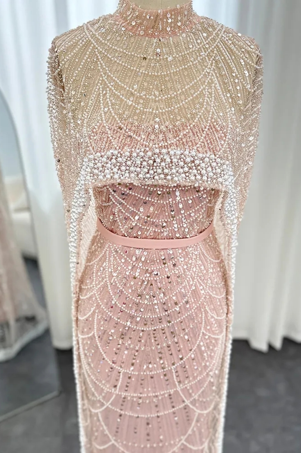 Luxury Sequins Dubai Mermaid Evening Dress with Cape Glitter Pearls Floor Length Party Dress-newarrivaldress