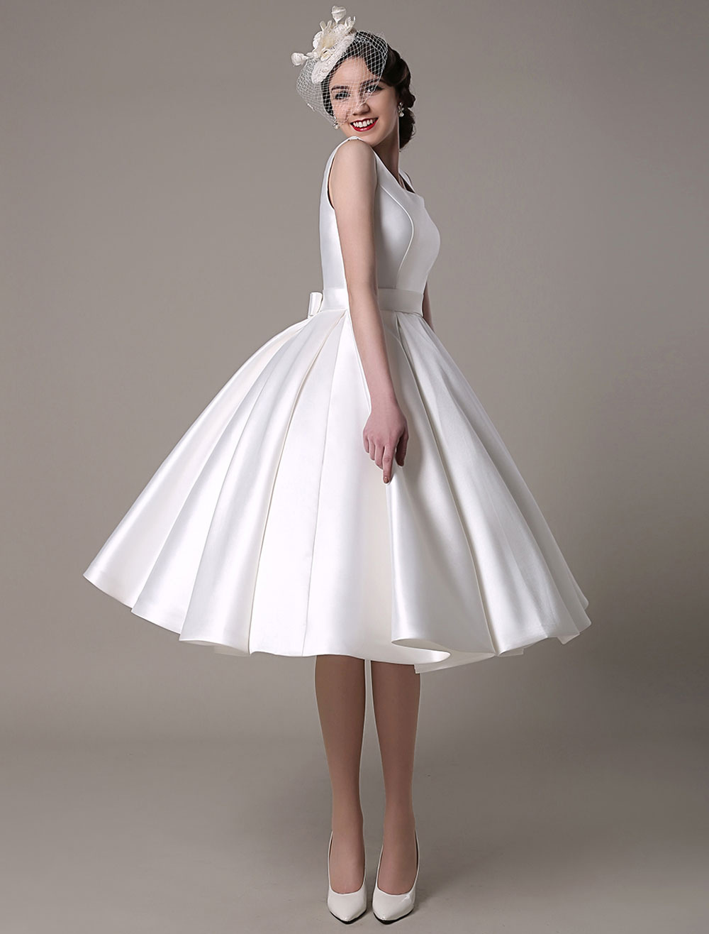 Ivory Wedding Dress Scoop Backless Knee Length Satin Wedding Gown Exclusive-newarrivaldress