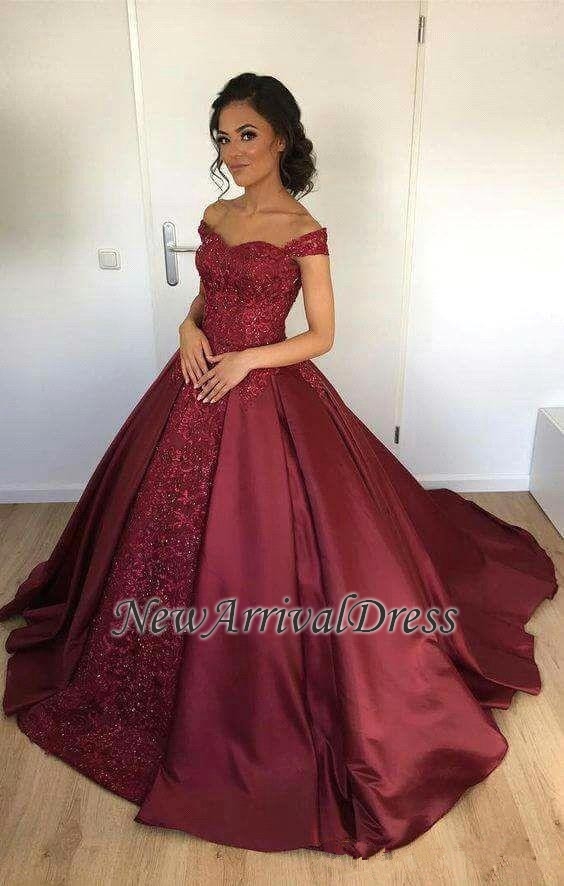 Appliques Lace Off-the-Shoulder Ball-Gown Burgundy Evening Dress-newarrivaldress