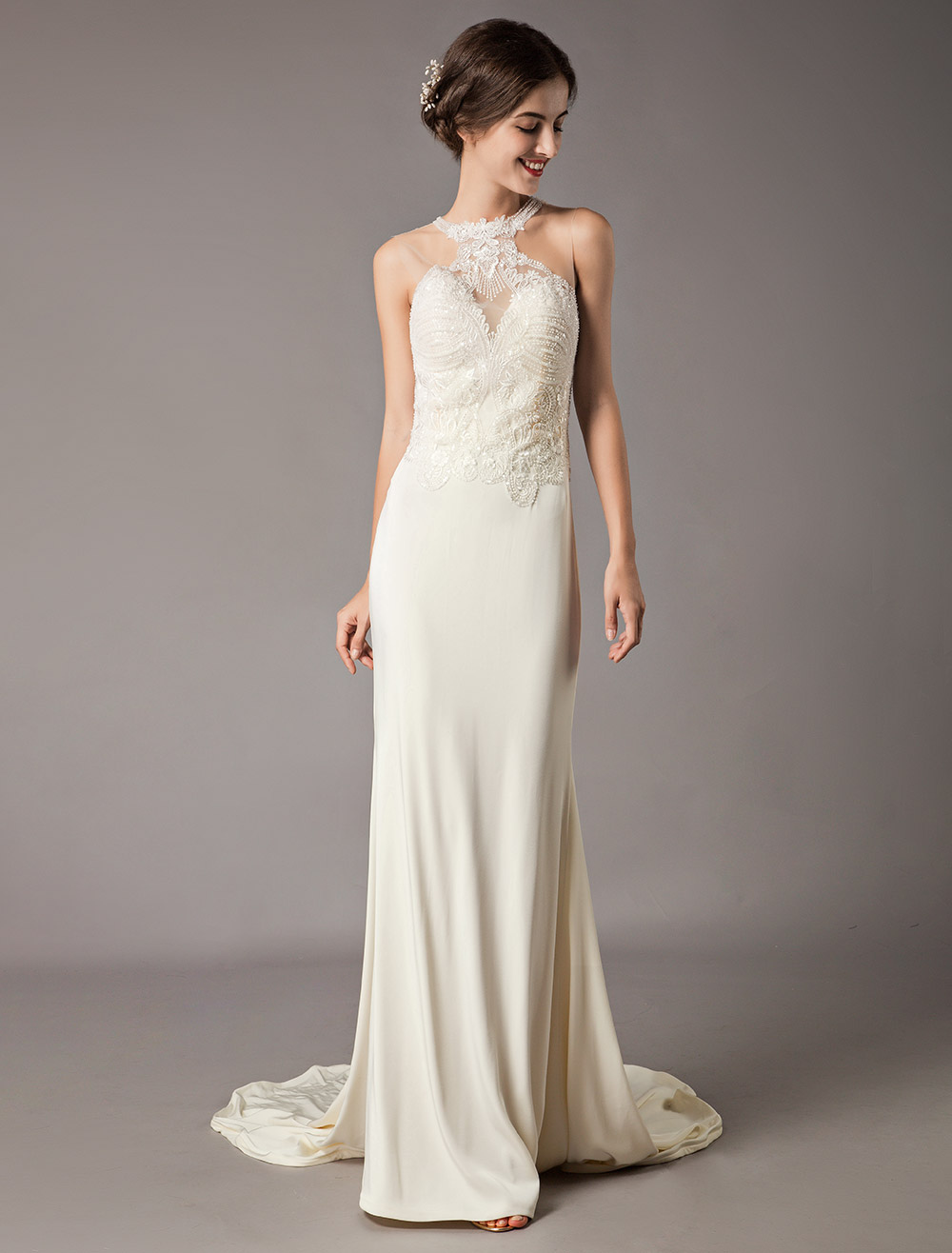 Wedding Dresses Ivory Lace Sleeveless Illusion Sheath Column Bridal Gowns With Train-newarrivaldress