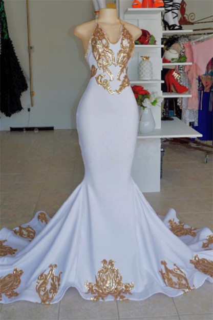 Halter V-Neck Sleeveless Mermaid Peom Gowns | Sexy Gold Appliques Prom Dresses-newarrivaldress