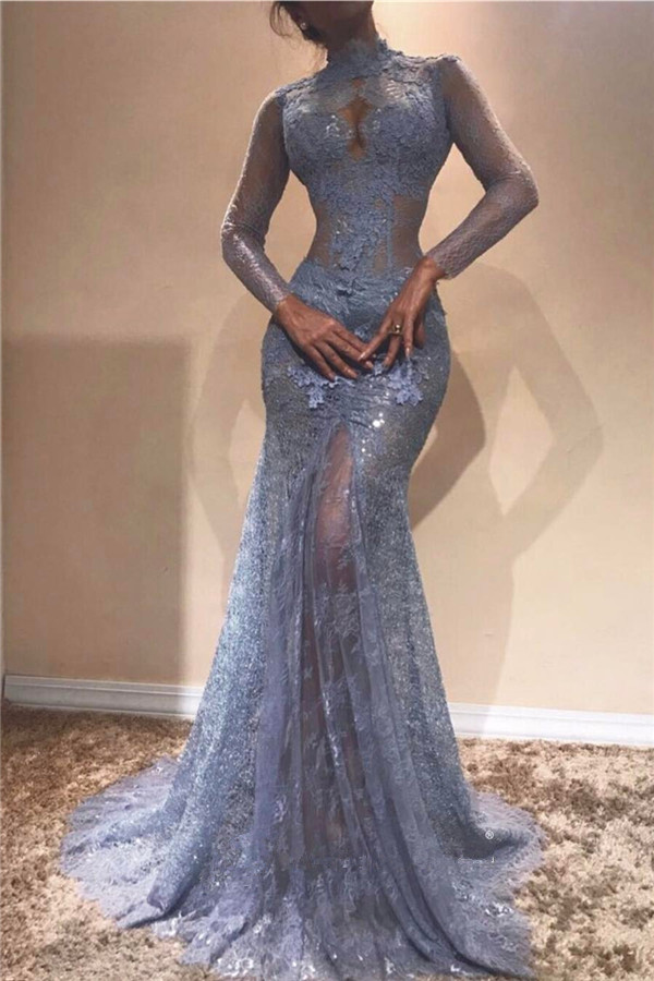 Delicate Lace Long Sleeve High Neck Evening Dress | Mermaid Evening Gown-newarrivaldress