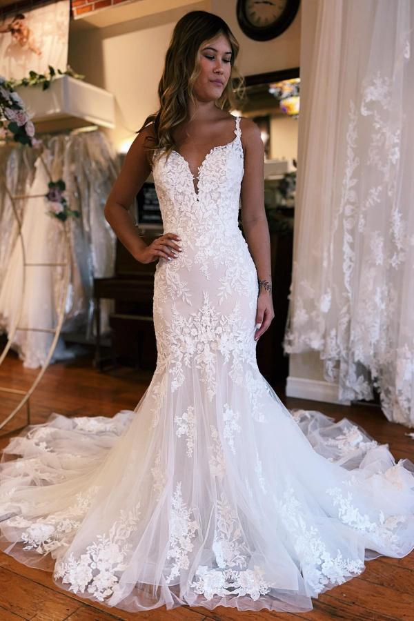 Elegant White Floral Lace Tulle Mermaid Wedding Dress Long Bridal Dress for Women-newarrivaldress