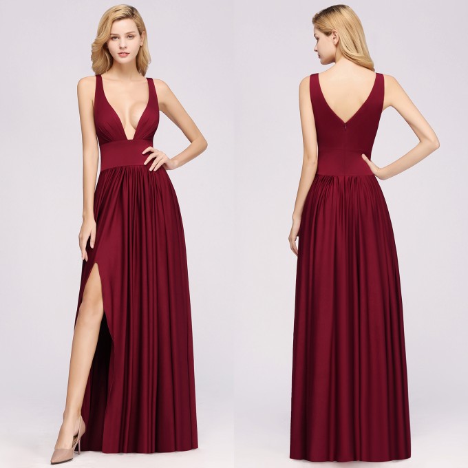 Elegant V-Neck Sleeveless Bridesmaid Dress |Aline Floor Length Bridesmaid Dress With Slit-newarrivaldress