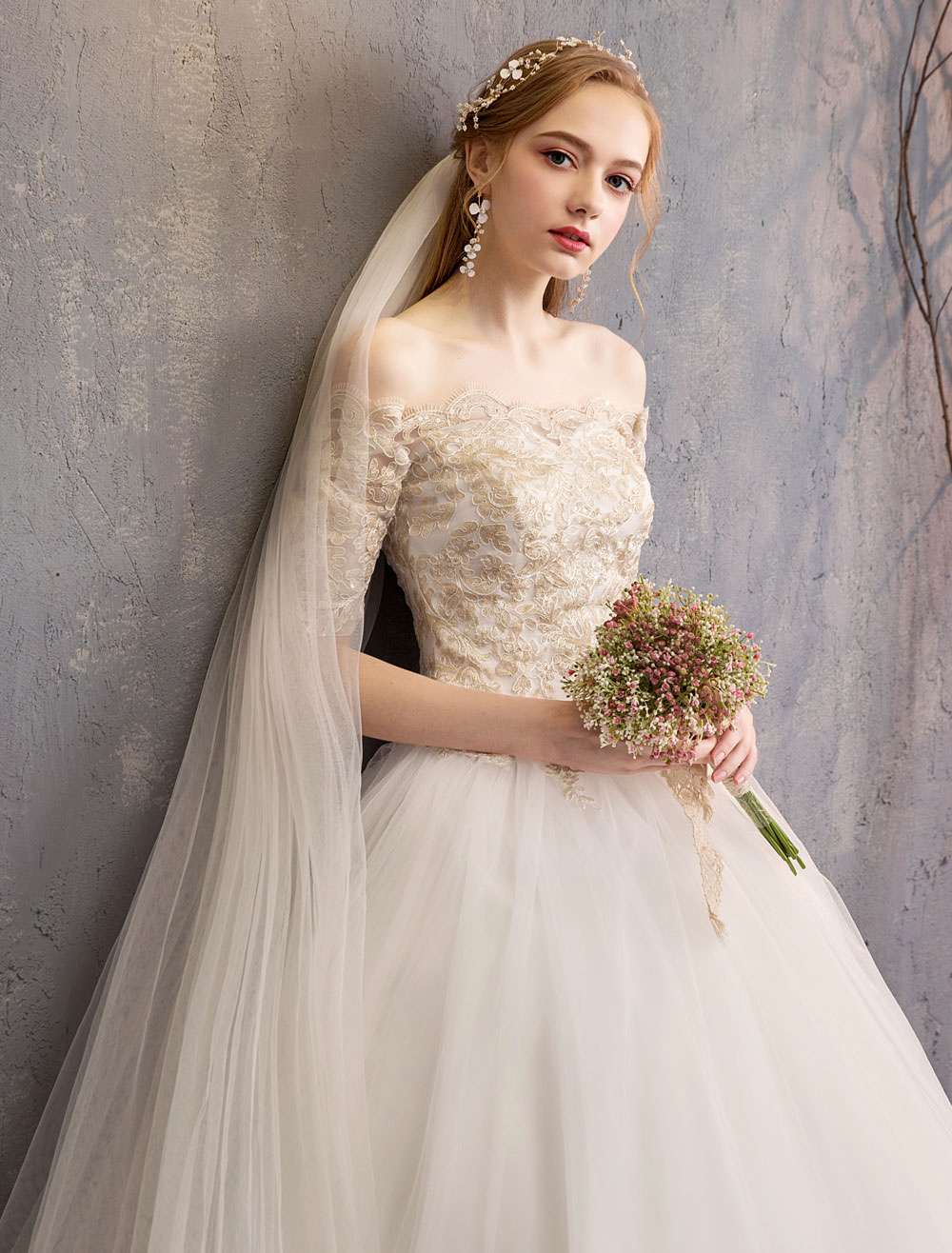 Tulle Wedding Dress Off The Shoulder Half Sleeve Princess Bridal Gown-newarrivaldress