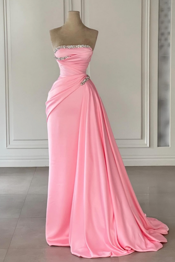Strapless Pink Ruched Satin Long Evening Dresses Glitter Crystals-newarrivaldress