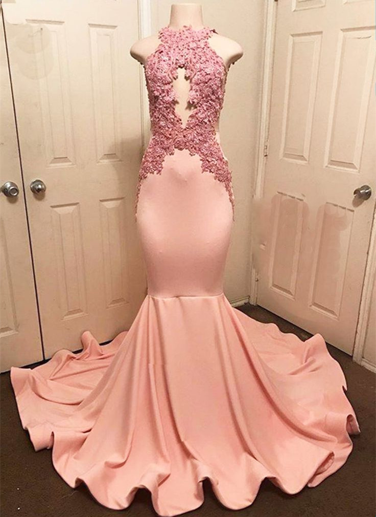 Sexy Sleeveless Halter Pink Lace Appliques Mermaid Prom Dresses with Court Train-newarrivaldress