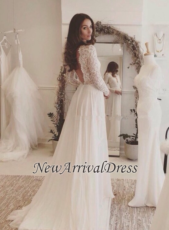 Chiffon Elegant Long Sleeve Online V-neck Lace Appliques Wedding Dresses-newarrivaldress