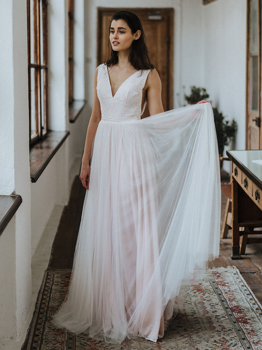 Simple Wedding Dress Backless Bridal Gowns Chiffon V-Neck A-Line Bridal Dresses-newarrivaldress
