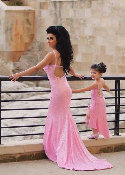 Spaghetti-Straps Sexy Open-Back Sequined Crystal Mermaid Pink Prom Dress-newarrivaldress