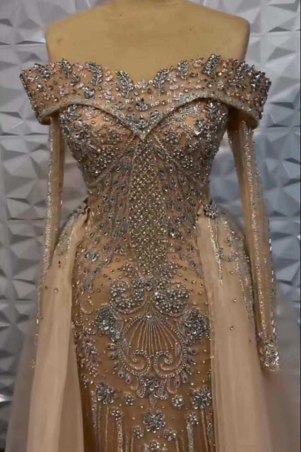 Off the Shoulder Long Sleeves Long Prom Dress With Beading Tulle