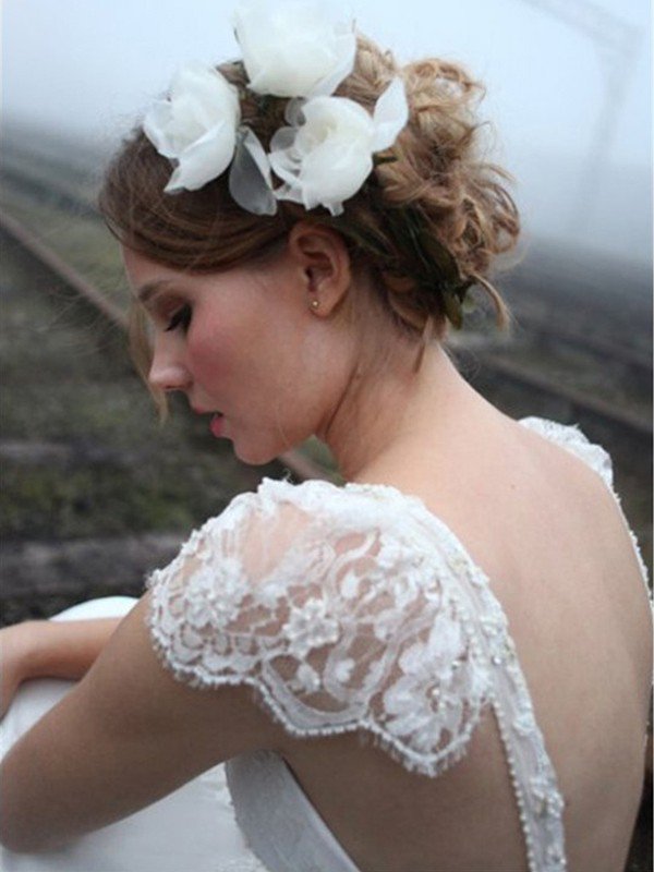 Chiffon Sexy Sleeveless V-neck Floor Length Lace Wedding Dresses-newarrivaldress