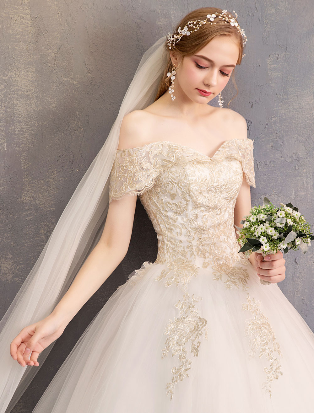 Princess Wedding Dress Ivory Lace Applique Off The Shoulder Short Sleeve Bridal Gown-newarrivaldress