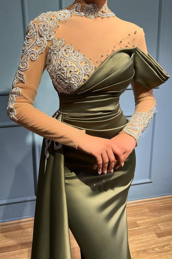 Stunning High Neck Off Shoulder Crystals Ruched Satin Long Evening Gown with Sleeves-newarrivaldress