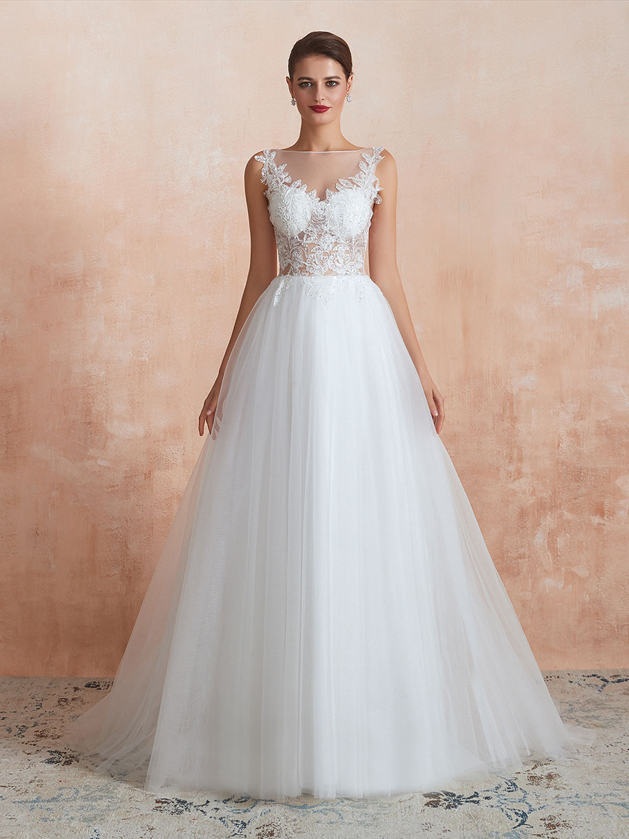 Wedding Dress 2021 A Line Sleeveless Lace Floor Length Tulle Bridal Gowns With Train-newarrivaldress