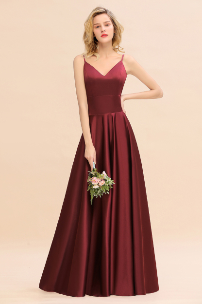 Burgundy Satin Long Bridesmaid Dress Simple V-Neck Evening Dresses-newarrivaldress