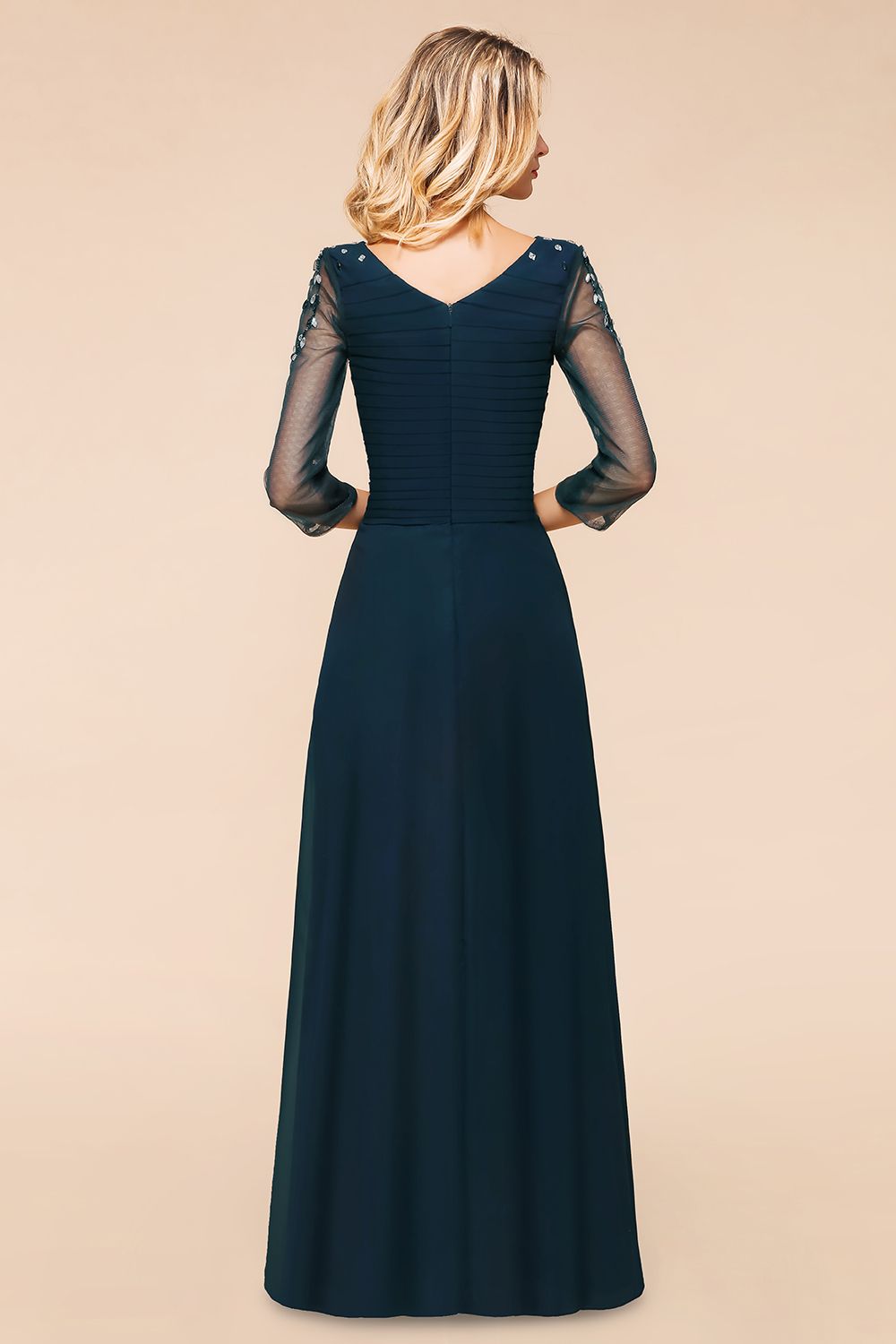3/4 Sleeves Dark Navy Chiffon Floor -Length Aline Bridesmaid Dresses with Beadings-newarrivaldress