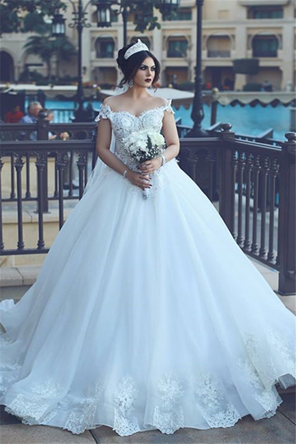 Crystal Off The Shoulder Elegant Appliques Tulle Ball Wedding Dresses Online-newarrivaldress