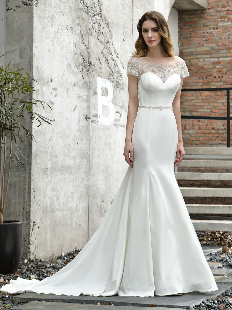 Wedding Dress Short Sleeves Illusion Neck Beaded Mermaid Bridal Gowns-newarrivaldress