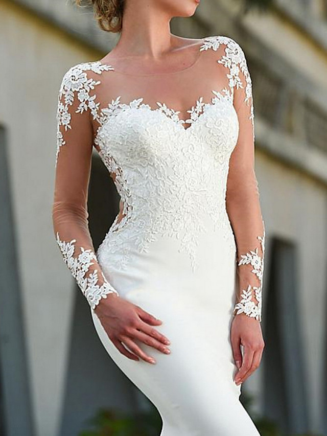 Charming White Mermaid Bridal Gown Long Sleeves Lace Appliques Wedding Dress-newarrivaldress