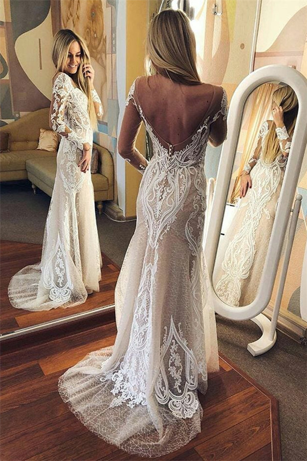 Sexy Tulle Lace Long Sleeve Open Back Wedding Dresses-newarrivaldress