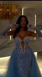 Charming Blue Strapless Sleeveless Long Mermaid Prom Dress with Beadings