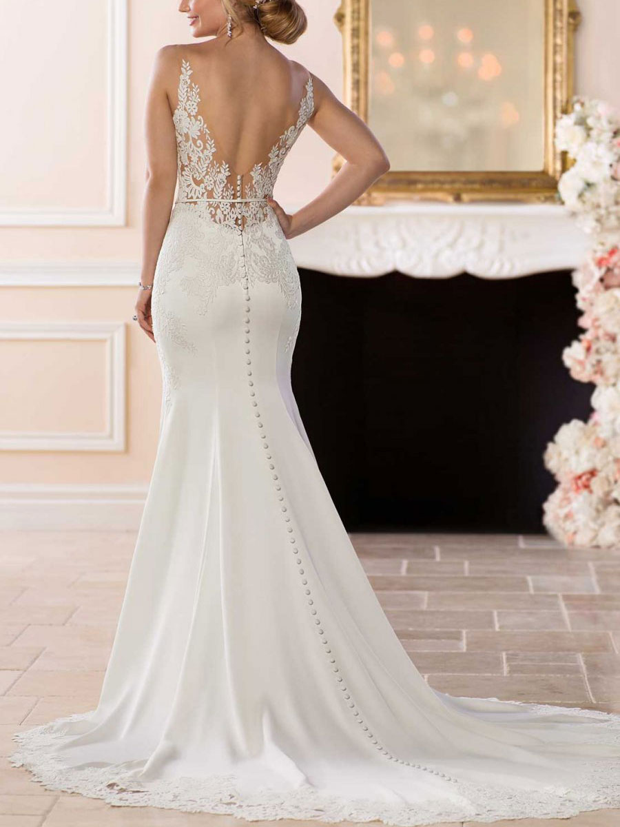 White Simple Wedding Dress Mermaid V-Neck Sleeveless Backless Natural Waist Lace Bridal Gowns-newarrivaldress