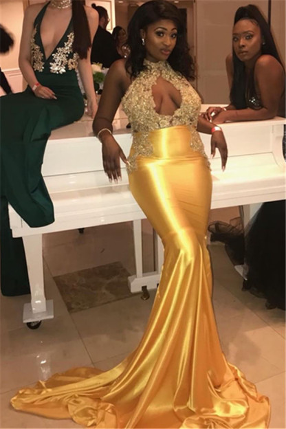 Glamorous Halter High-Neck Appliques Prom Dresses | 2021 Sexy Sleeveless Keyhole Mermaid Evening Gowns-newarrivaldress