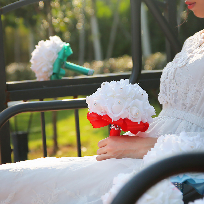 White Silk Wedding Bouquet with Colorful Handles-newarrivaldress