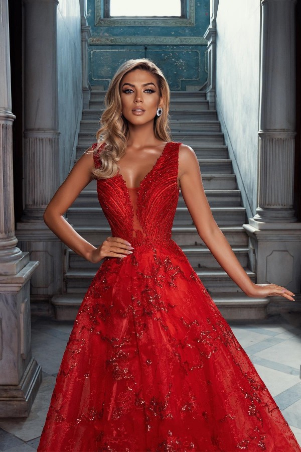Red A-line Evening Dress Sparkly Beadings V-Neck Long Prom Dress-newarrivaldress