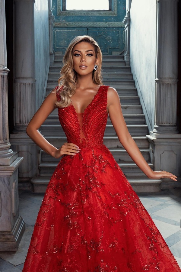 Red A-line Evening Dress Sparkly Beadings V-Neck Long Prom Dress-newarrivaldress