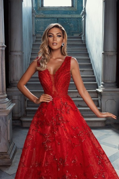 Red A-line Evening Dress Sparkly Beadings V-Neck Long Prom Dress-newarrivaldress