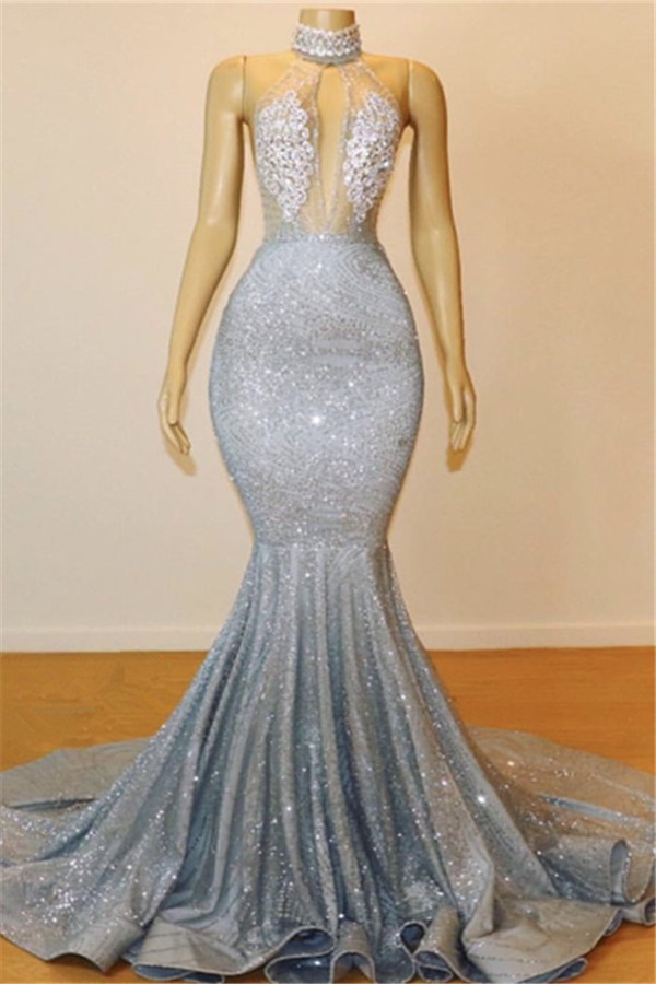 Silver Beads Sequins Mermaid Halter Sleeveless Floor Length Sexy Prom Dresses-newarrivaldress