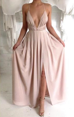 Sexy V-Neck Chiffon Prom Dresses Side Slit Floor Length Evening Gowns-newarrivaldress