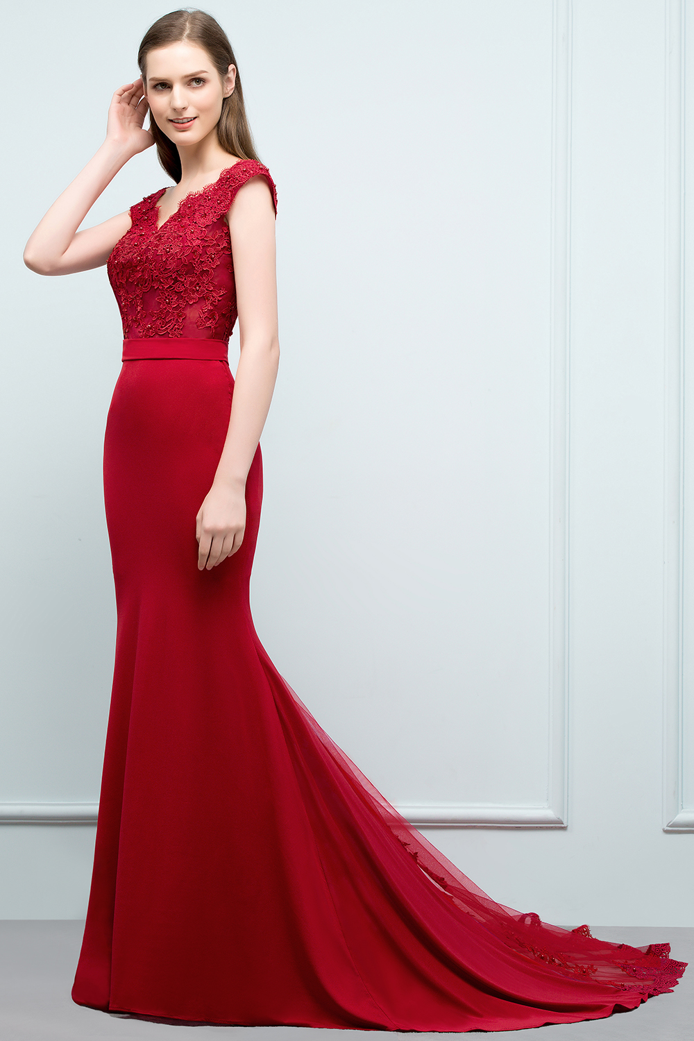 JOURNEY | Mermaid Floor Length V-neck Appliques Beads Prom Dresses with Sash-newarrivaldress
