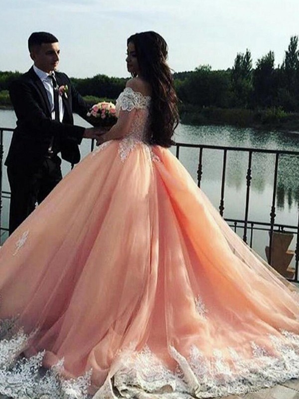 Mordern Off-the-Shoulder Lace Appliques Ball Gown Tulle Sweep Train Prom Dresses-newarrivaldress