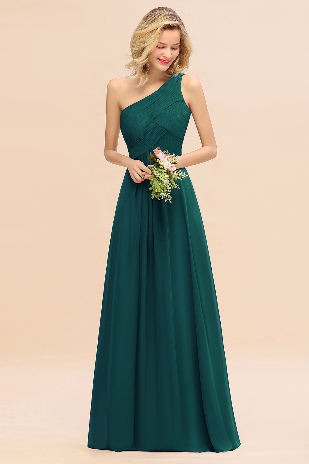 Elegant Ruched Chiffon One Shoulder Bridesmaid Dress Long Sleeveless Evening Dress-newarrivaldress