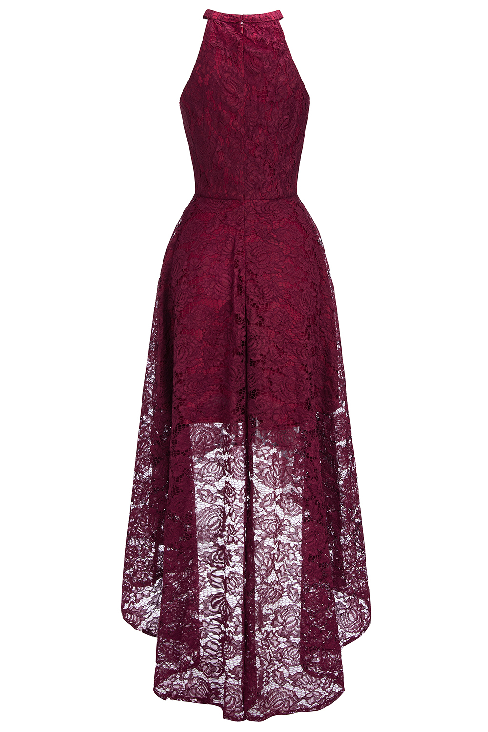 Halter Sleeveless Sheath Asymmetrical Burgundy Lace Dresses-newarrivaldress