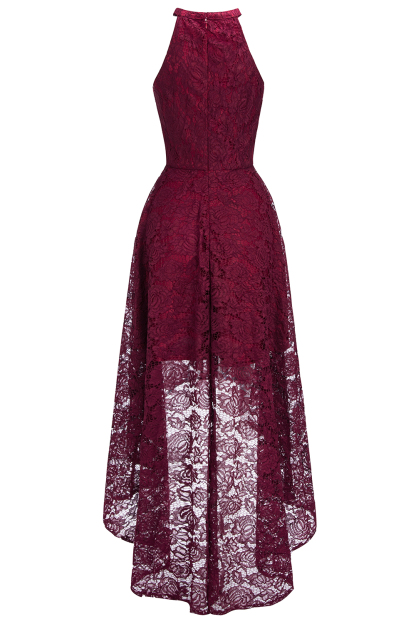 Halter Sleeveless Sheath Asymmetrical Burgundy Lace Dresses-newarrivaldress