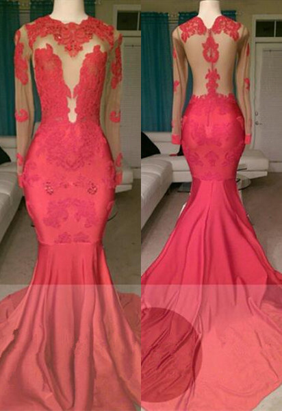 Glamorous Long Sleeve Red Prom Dresses Mermaid With Lace Appliques BA8522-newarrivaldress
