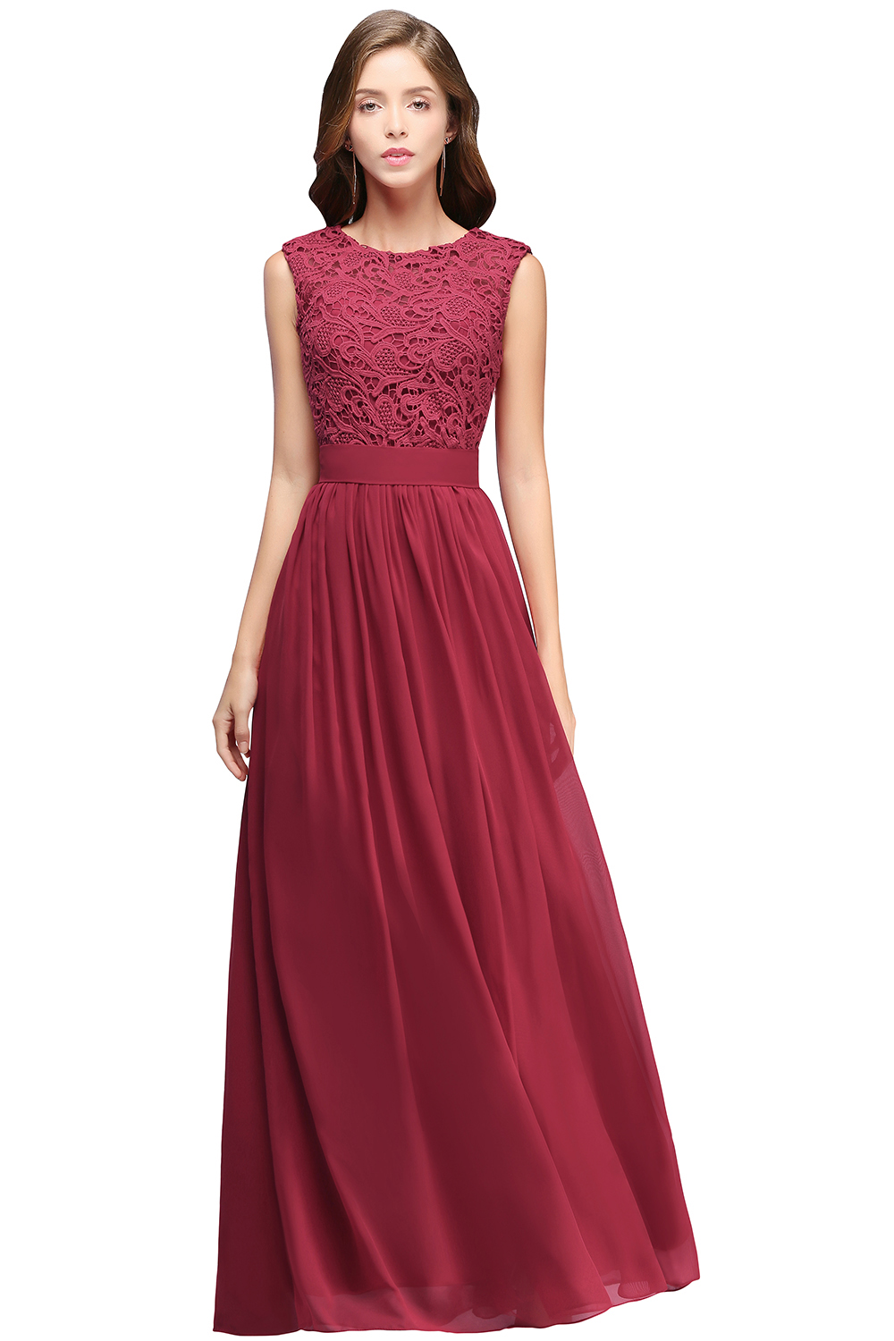 EMELY | Sheath Crew Sleeveless Floor-length Lace Top Chiffon Bridesmaid Dresses-newarrivaldress