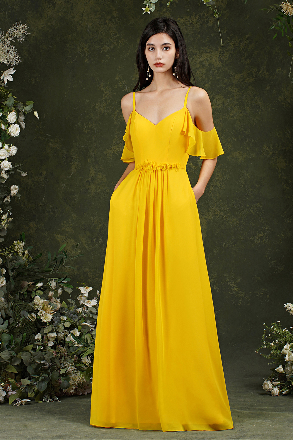 Ruffles Spaghetti Straps Chiffon Bridesmaid Dress Aline Wedding Guest Dress with Pockets-newarrivaldress