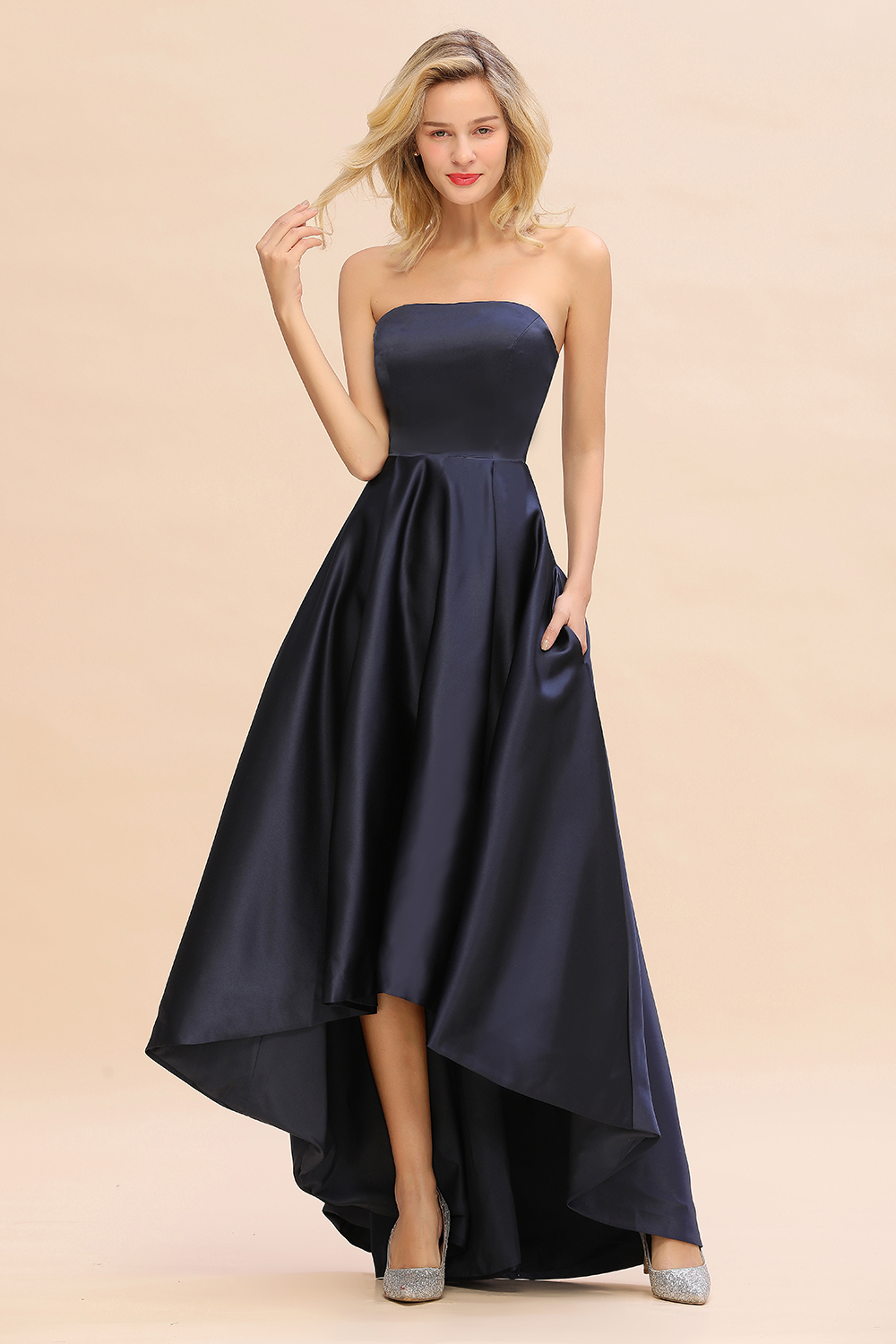 Strapless Satin Hi-Lo Bridesmaid dresses Simple Asymmetrical Length Party Dress-newarrivaldress