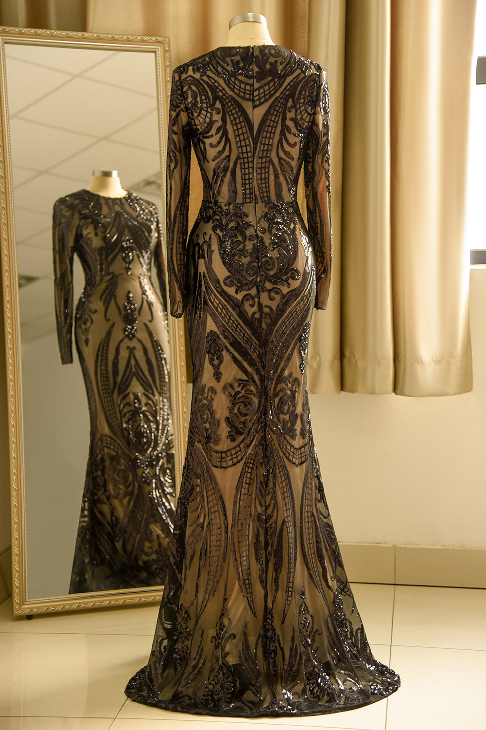 Luxury Crew Neck Black Sequined Mermaid Prom Dress with Detachable Train Long Sleeves-newarrivaldress